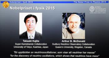 The portraits of the winners of the Nobel Prize in Physics 2015 Takaaki Kajita (L) and Arthur B McDonald are displayed on a screen during a press conference of the Nobel Committee to announce the winner of the 2015 Nobel Prize in Physics on October 6, 2015 at the Swedish Academy of Sciences in Stockholm, Sweden. Takaaki Kajita of Japan and Canadas Arthur B. McDonald won the Nobel Physics Prize for work on neutrinos. (Jonathan Nackstrand/AFP/Getty Images)
