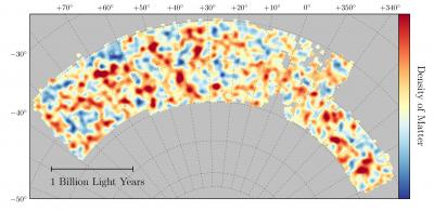A map of dark matter covering about one -- thirtieth of the entire sky and spanning several billion light years -- red regions have more dark matter than average, blue regions less dark matter.  <i>Courtesy of Chihway Chang, the DES collaboration</i>