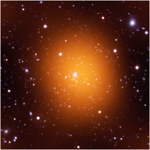 The Phoenix Cluster, shown here as it appears in microwave (orange), optical (red, green, and blue) and ultraviolet (blue) wavelengths, is forming stars at the highest rate ever observed for the middle of a galaxy cluster. The Phoenix Cluster was discovered by a collaboration of astronomers from the University of Chicagos Kavli Institute for Cosmological Physics and elsewhere. (South Pole Telescope collaboration).  <i>(Credit: UV: NASA/JPL-Caltech/M.McDonald; Optical: AURA/NOAO/CTIO/MIT/M.McDonald; Microwave: NSF/SPT)</i>