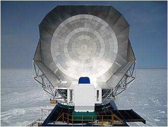 New extended shielding was completed on the 10-meter South Pole Telescope shortly after this photo was taken in January 2013. The discovery of the luminous star-forming galaxies from the early universe was found in the large millimeter-wave survey recently completed with the SPT.  <i>Photo by Erik Nichols</i>