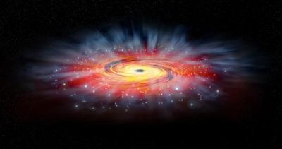 Illustration of the environment around the supermassive black hole Sagittarius A*, located some 26,000 light years away at the center the Milky Way.  <i>Illustration by NASA/CXC/M.Weiss</i>