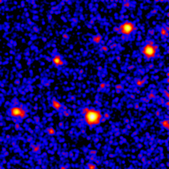 Fermi LAT five-year exposure of a 20-degree-wide region in the constellation Virgo. Brighter colors indicate brighter gamma-ray sources.