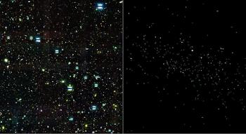Side-by-side images from the Dark Energy Survey indicate the difficulty of identifying a dwarf galaxy. The right image shows approximately 300 stars thought to belong to a newly discovered dwarf satellite galaxy of the Milky Way. These stars are farther away than foreground stars within the Milky Way, but much closer than background galaxies, both of which appear in the left image but are blacked out in the right image. (Credit: Fermilab/Dark Energy Survey)