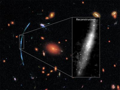 The magnified image at right shows how the galaxy would look to Hubble without distortions -- the disk galaxy containing clumps of star formation that each span about 200 to 300 light-years. <i>Image credit</i>: NASA, ESA, and T. Johnson (University of Michigan)