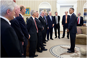 President Barack Obama talks with U.S. recipients of the 2010 Kavli Prize in the Oval Office, June 6, 2011.   <i>Official White House Photo by Pete Souza</i>