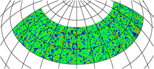 The South Pole Telescope recorded temperature fluctuations in the cosmic microwave background, the light left over from the big bang, to study the period of cosmological evolution when the first stars and galaxies formed early in the history of the universe.  <i>Courtesy of South Pole Telescope collaboration</i>